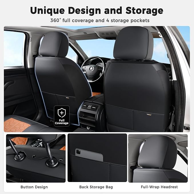 Huidasource Front Car Seat Covers, Full Coverage Luxury Nappa Leather Automotive Seat Covers Front Seat with Lumbar Support Fit for Most Cars SUV Trucks, Black & Brown