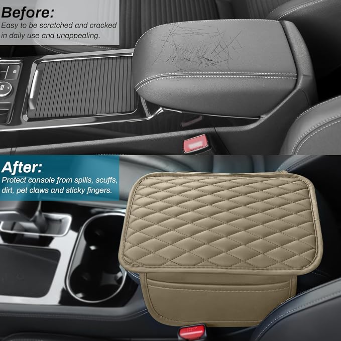 Ouzorp Car Center Console Cover Upgraded Microfiber Leather Car Arm Rest Cover with 2 Storage Bags Universal Armrest Cover for Car Storage Box Car Interior Accessories Protector for Most Vehicle-Beige