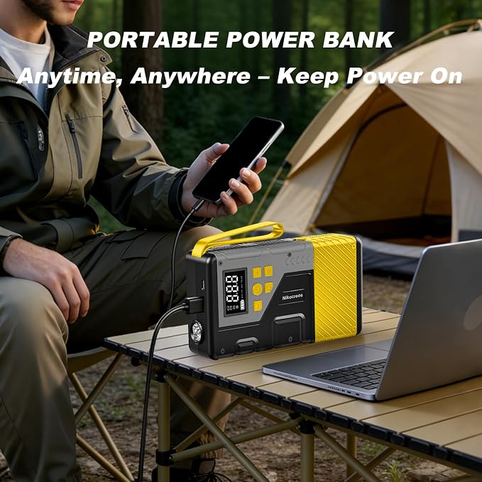 Portable Car Jump Starter with Air Compressor Tire Inflator Battery Jumper | Jump Box 3000A Peak and 150 PSI Air Pump ,for 12L Gas & 10L Diesel Engines,LCD Display,LED Light