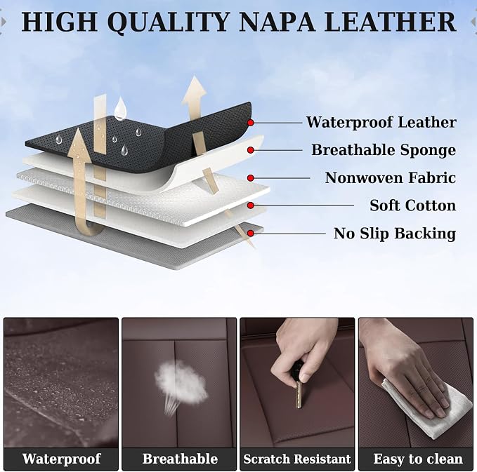 Coverado Back Seat Cover for Kids, Rear Seat Covers for Cars, Brown Back Seat Protector, Waterproof Car Seat Cushion Nappa Leather, 3-Pieces Dog Seat Cover for Back Seat Universal Fit for Most Cars