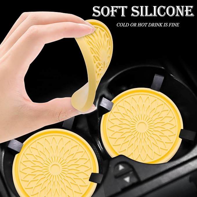 2-Pack Car Cup Holder Coaster Inserts, 2.75 Inch Non-Slip Silicone Liners, Shockproof Drink Holder Mat for Women Men, Universal Fit for Most Vehicles (Yellow)