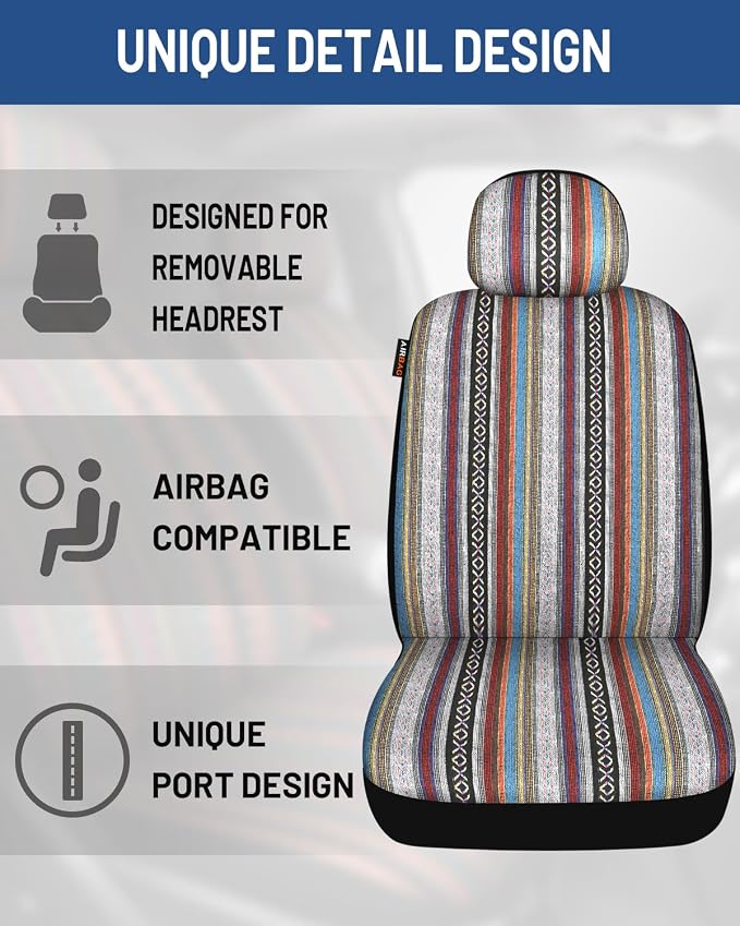 Baja Saddle Blanket Car Seat Covers Full Set with Seat Belt Pads and Steering Wheel Cover, Washable Breathable Striped Woven Cloth Seat Covers for Cars, SUV, Truck, Large Size(Red)