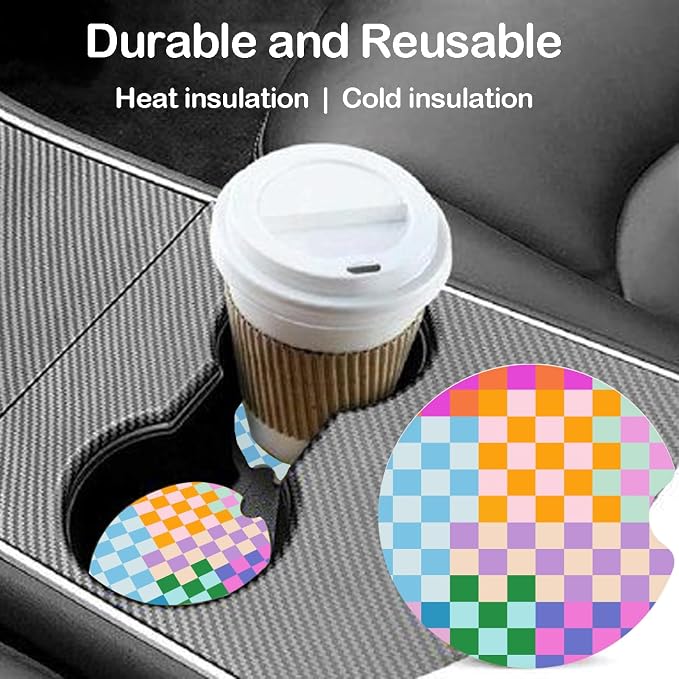 Ceramic Car Coasters – Absorbent Car Cup Holder Coaster Set for Women, Cute Aesthetic Car Accessories for Girls, 2 Pack (Pastel Parade)