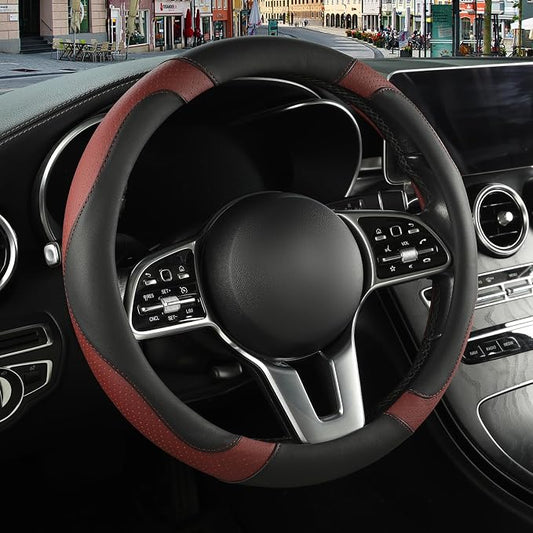 Black Burgundy Breathable Microfiber Leather Steering Wheel Cover | Breathable Anti Slip Grip Cool Sporty Look Glow for Women Men