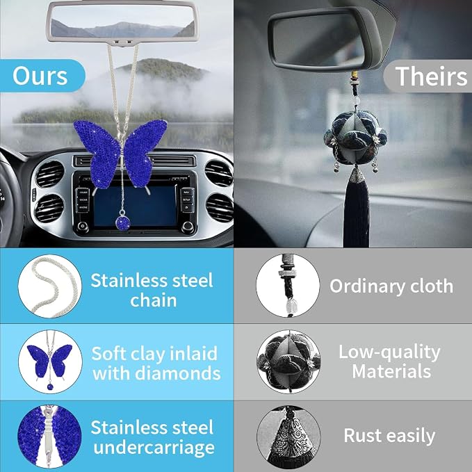 JOYCOURT Bling Butterfly Diamond Car Hanging Accessories for Women,DarkBlue | Crystal Butterfly Rear View Mirror Luck Car Decoration Accessories, Valentine's Day Presents Ornament Pendant for All Cars