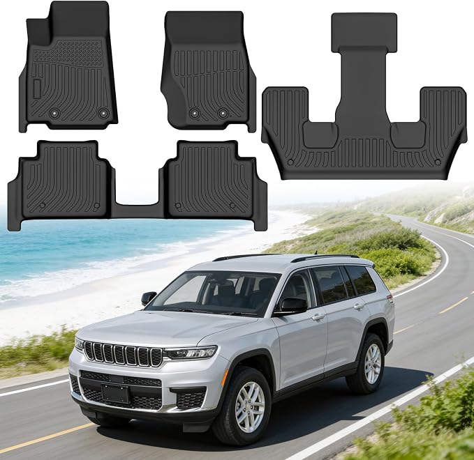 Floor Mats for Jeep Grand Cherokee L 6 Seat 2021-2025 | (Not for 4XE, JL or JK), Custom Fit Heavy Duty TPE All Weather Protection, Waterproof Non-Slip Black (Three-Row Floor Mats)