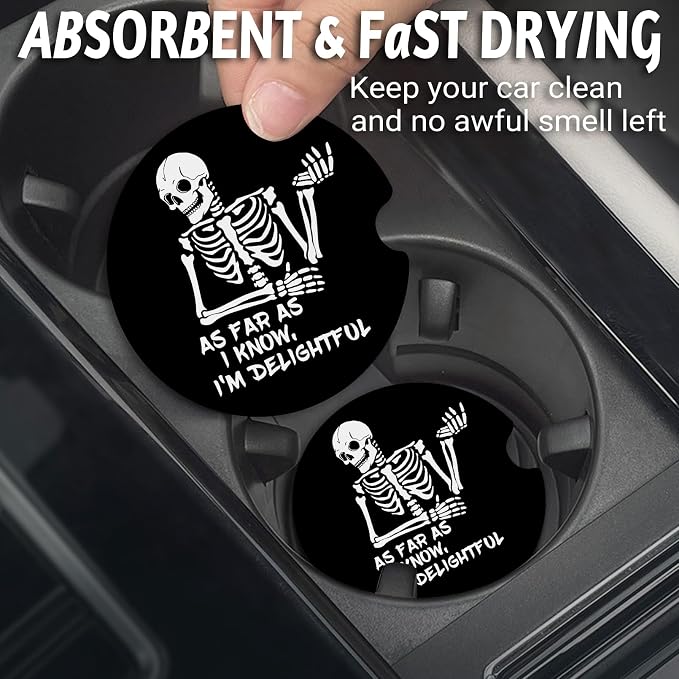 Yonlevres Car Coasters for Cup Holders，2.75" Anti Slip Rubber Mat with A Finger Notch, 2 Pack Car Cup Holder Coasters for Car Interior Accessories for Women Men Skull Skeleton