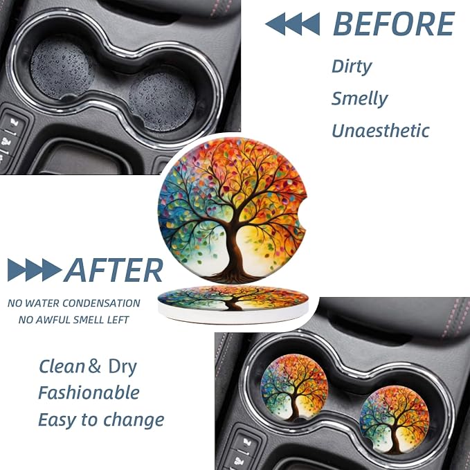 Cup Holder for Car,Tree of Life with Leaves Ceramic Coasters Non-Slip Cup Holder Insert with Fingertip Grip, Auto Interior Accessories for Women & Men,Pack of 2, 2.56In