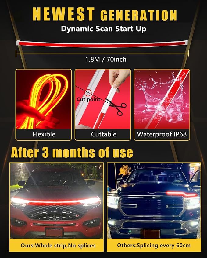 YM E-Bright Led Hood Light Strip Exterior Led Strip Lights for Cars Waterproof Flexible DRL Dynamic Scan Start Up Hoodbeam Kit Daytime Running Lights for Car, Truck, SUV, 12V 70inch, Red, 1 Set
