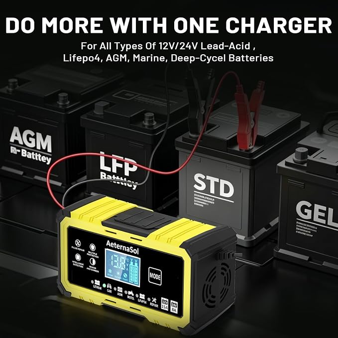 15-Amp 12V/24V Smart Battery Charger Trickle Charger for LiFePO4,Lead Acid Batteries Smart Battery Maintainer with Temp Compensation for Car Truck Lawn Mower Boat Marine