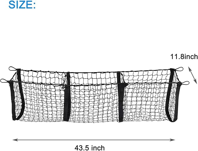 BAILALIBO 3-Pocket Cargo Net with Metal Hooks, 43.5x11.8 in | Expandable elastic net, heavy-duty for SUV/truck/pickup, secure trunk storage, stretchable organizer for exterior