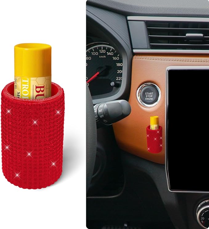 Upright Car Chapstick Holder, Bling Insulating Lip Balm Holder,Rhinestone Car Accessories for Women Interior ,Suitable for Most Vehicles. (Red)