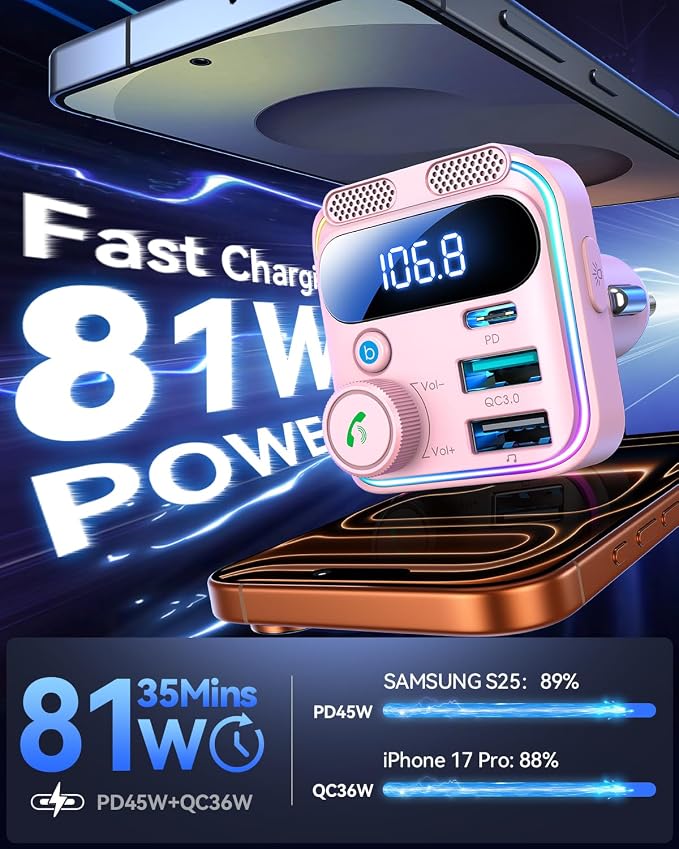 JOYROOM 81W Bluetooth 6.0 Car Adapter FM Transmitter [Next-Gen Stable] Bluetooth Cigarette Lighter Adapter [PD45W&QC36W] Fast Charging Dual Mics HiFi Bass Radio Hands-Free Calling Support USB Drive