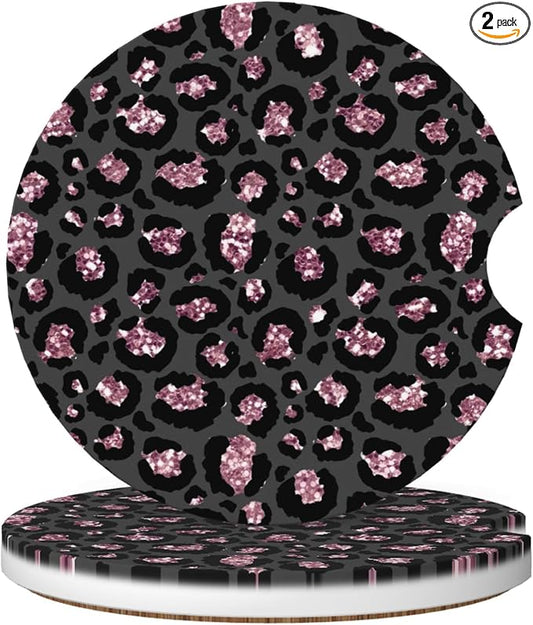 Absorbent Car Coasters for Cup Holders, 2 Pack Universal Anti Slip Ceramic Cup Coaster for Women Men 2.56 Inch Car Interior Accessories - Black Pink Leopard 005