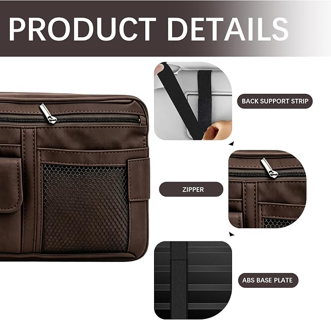 Car Sun Visor Organizer, Visor Accessories, Leather Sunvisor Pocket Organizer Case with Multi-Pocket Net Zipper, Waterproof Auto Sunshade Organizer Bag for Card Pen Sunglasses Document (Brown)