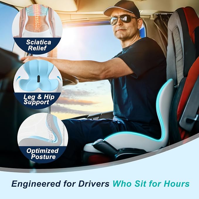 Seat Cushion for Office Chair and Car, Lumbar Support Pillow for Office Chair, Memory Foam Ergonomic Seat Cushion for Long Sitting, Back & Tailbone Pain, Sciatica - Blue & Gray