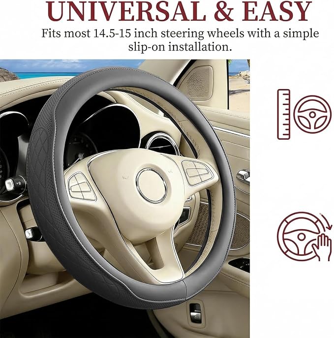 Car Steering Wheel Cover, Breathable Anti-Slip Vehicle Steering Wheel Protector with Inner Ring, Automotive Interior Protective Accessories, Universal for SUV RV Truck (Gray)