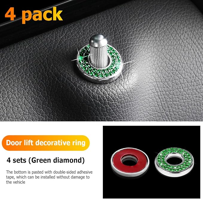 Osilly 4 Pcs Bling Car Inner Door Lock Covers, Crystal Pull Rod Bolt Stickers, Sparkly Rhinestones Auto Door Bolt Decorations, Vehicle Lock Pin Cap Decors for C Class C200L GLC260 C260L (Green)
