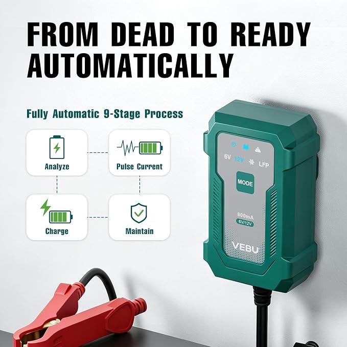Motorcycle Trickle Charger 800mA Smart Battery Charger & Maintainer - Automatic for 6V/12V Lead Acid/Lithium Batteries, Plug & Play for Car Motorcycle Boat RV