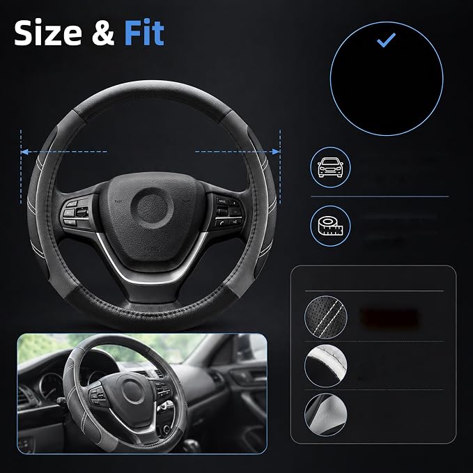 Elantrip Leather Large Steering Wheel Cover 14 1/2 inch to 15 inch Universal, Soft Grip Breathable for Car Truck SUV Jeep Anti Slip Gray