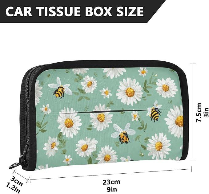 Mint Green Daisy Flowers and Bees Car Tissue Holder Durable Napkin Holder Hanging Tissue Holders Case Car Tissues Bag for Sun Visor Seat Back Universal Auto
