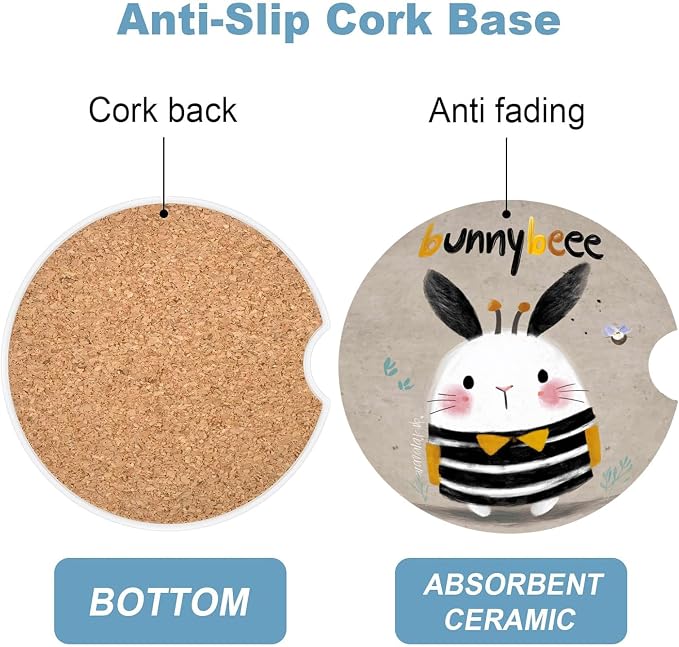 Car Cup Holder Coaster Set of 2, 2.56 in Ceramic Coasters, Scratch-Resistant Cork Backing, Finger Groove Design for Easy Placement, Cute Car Accessories Interior for Women (Striped Rabbit)