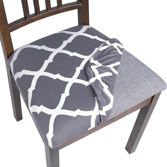 SearchI Seat Covers for Dining Room Chairs Stretch Printed Chair Seat Covers Set of 4, Removable Washable Upholstered Chair Seat Protector Cushion Slipcovers for Kitchen, Office(Grey+White)