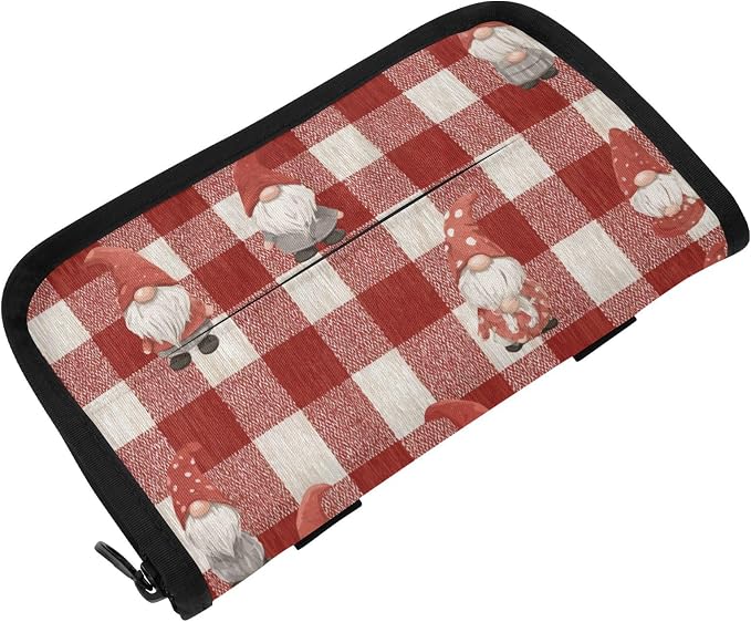 Car Visor Tissue Holder Mask Holder for Car, Car Tissue Box Sun Visor Napkin Holder Car Visor Accessories Adjustable Straps Reusable Durable Easy to Install Red Checkered Cute Gnome