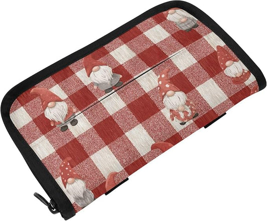 Car Visor Tissue Holder Mask Holder for Car, Car Tissue Box Sun Visor Napkin Holder Car Visor Accessories Adjustable Straps Reusable Durable Easy to Install Red Checkered Cute Gnome