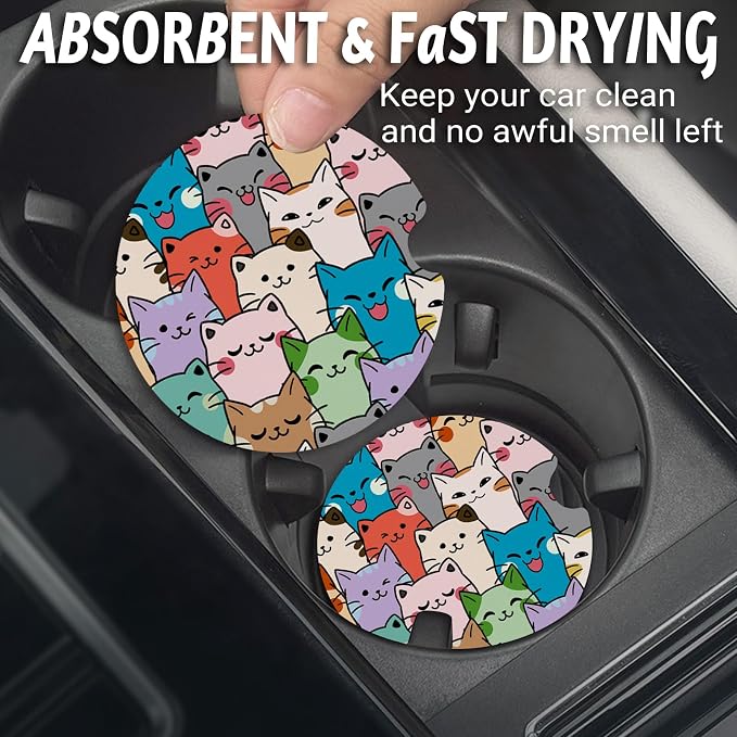 Yonlevres Car Coasters for Cup Holders，2.75" Anti Slip Rubber Mat with A Finger Notch, 2 Pack Car Cup Holder Coasters for Car Interior Accessories for Women Men Cat