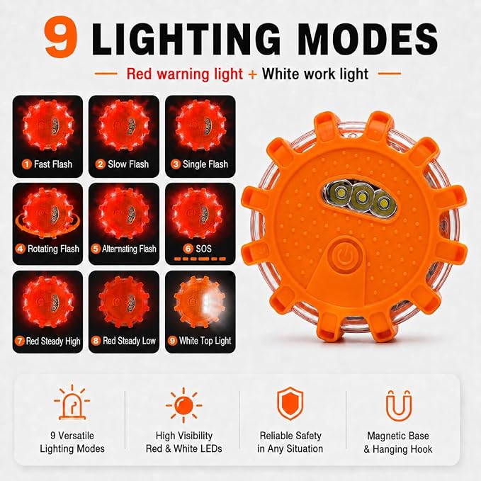 3 Pack LED Road Flares Emergency Lights, Magnetic Roadside Warning Lights with 9 Flash Modes, Hook, Carrying Case, Water Resistant Safety Beacon for Cars, Trucks, RVs, Boats