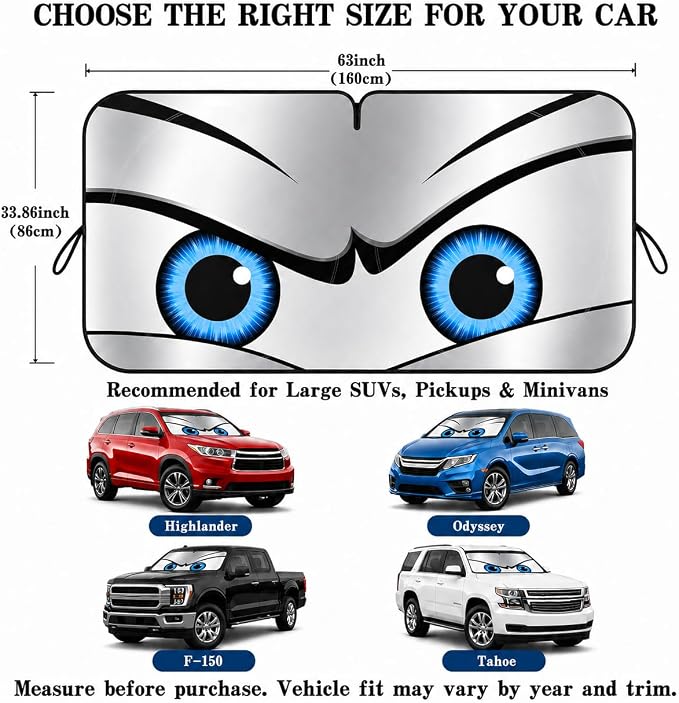 Car Windshield Sun Shade, Universal Fit Full-Size SUV Pickup, Sporty Silver | 63 x 33.86" Large Windshield Cover, Foldable Front Window Sunshade, UV Heat Blocker, Cute Eyes Series