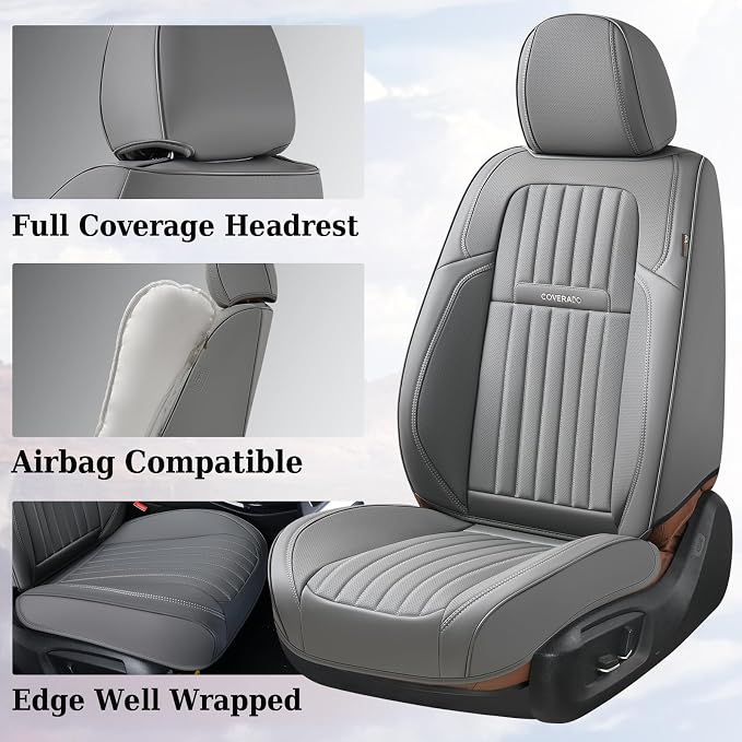Coverado Front Seat Covers, Car Seat Cover, Gray Seat Covers for Cars, 2PCS Car Seat Protector, Waterproof Faux Leather Car Seat Cushion, Luxury Seat Cushions, Auto Seat Covers Fit for Most Vehicles