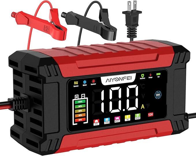 12V 10-Amp Battery Charger, 9 Stage Smart Trickle Charger Maintainer Red | Battery Desulfator, Memory Function, LED Screen, Temperature Compensation, for Car Truck Motorcycle Boat LiFePO4 Lead Acid