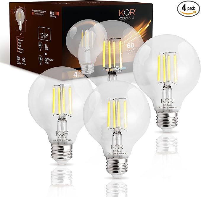 KOR LED G25 Filament Globe Bulbs, 4 pack, 60 Watt Equivalent, 5000K Bright White, Edison Dimmable 5.5W, E26 Medium Base, 500 Lumens, CRI 90, Clear Glass Light Bulbs for Bathroom, Makeup Mirror, Vanity