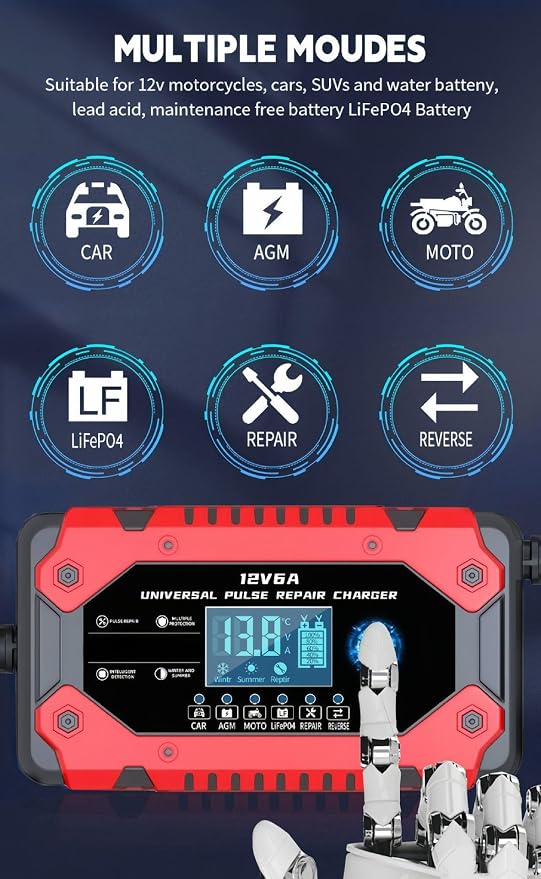 Battery Charger 6-Amp 12V Automatic Smart Battery Trickle Charger, Battery Maintainer Desulfator with Temperature Compensation for Car Truck Motorcycle Lawn Mower Marine