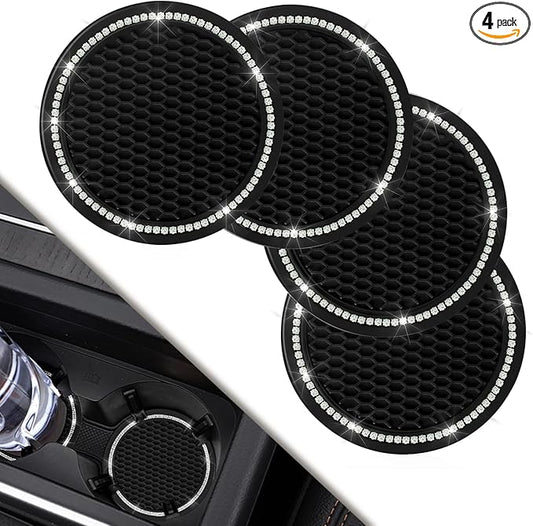 Car Coasters, 4 Pack Universal Vehicle Bling Car Coaster, COCASES Crystal Rhinestone Coaster for Cup Holders, Car Interior Accessories 2.75'' Silicone Anti Slip Car Coasters for Women (Black)
