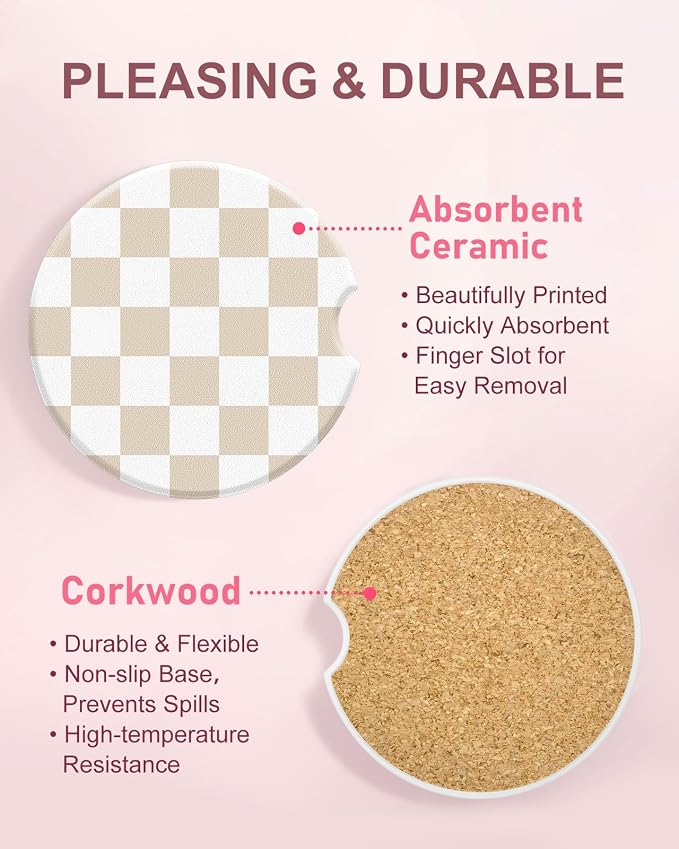 Swooflia Car Coasters for Women - White Checkered Ceramic Car Cupholder Coaster Absorbent Mat Coaster with Cork Base 2 Pack 2.55 inch Automotive Cup Holder Accessories New Driver Gifts for Decor