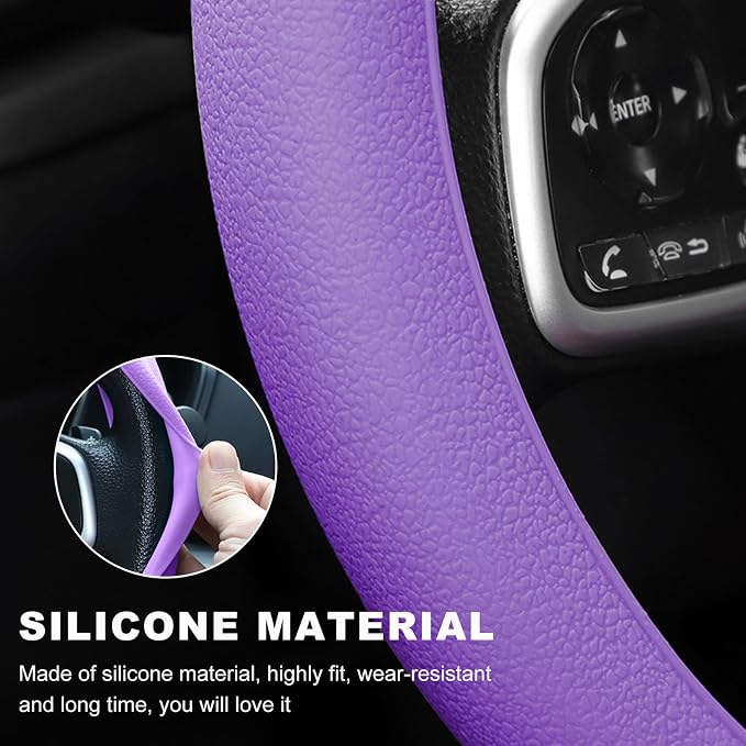 DXNQ Car Steering Wheel Cover, 13 to 14.17 inches Anti-Slip Silicone Steering Wheel Protector, Soft Flexible Shock-Absorbent Steering Wheel Protective Cover for Most Car Models (Purple)