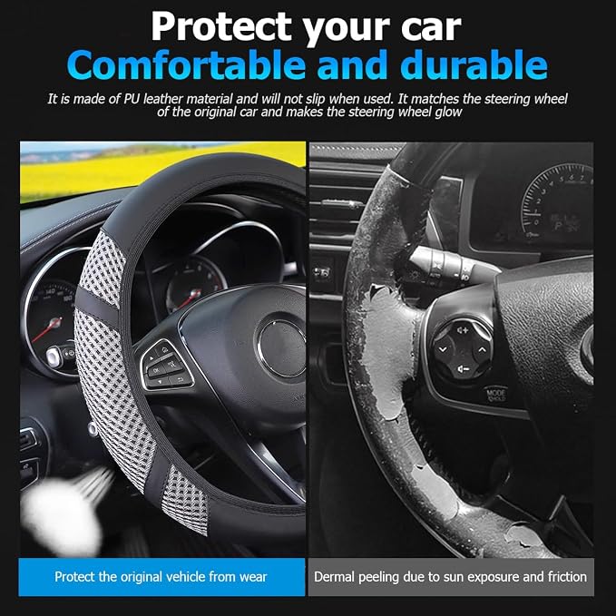 Car Steering Wheel Cover, Elastic Stretch Breathable Leather Vehicle Steering Wheel Protector, Automotive Interior Protective Accessories, Universal for SUV RV Truck (Blue Gray)