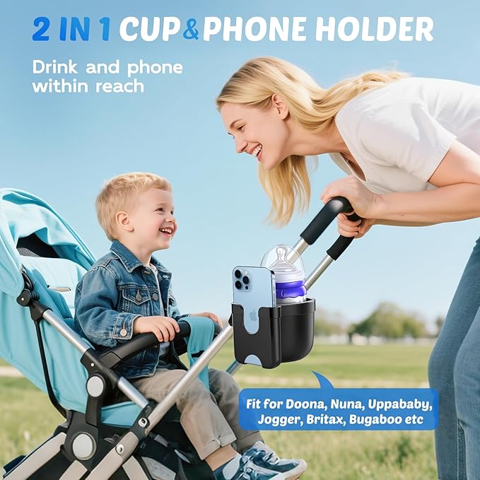 Cup Holder for Walker: Stroller Cup Holder Attachment with Phone Holder | Wheelchair & Stroller Accessories for Rollator, Bike, Scooter, Golf Cart, Baby Essentials, Christmas New Mom Seniors Gifts