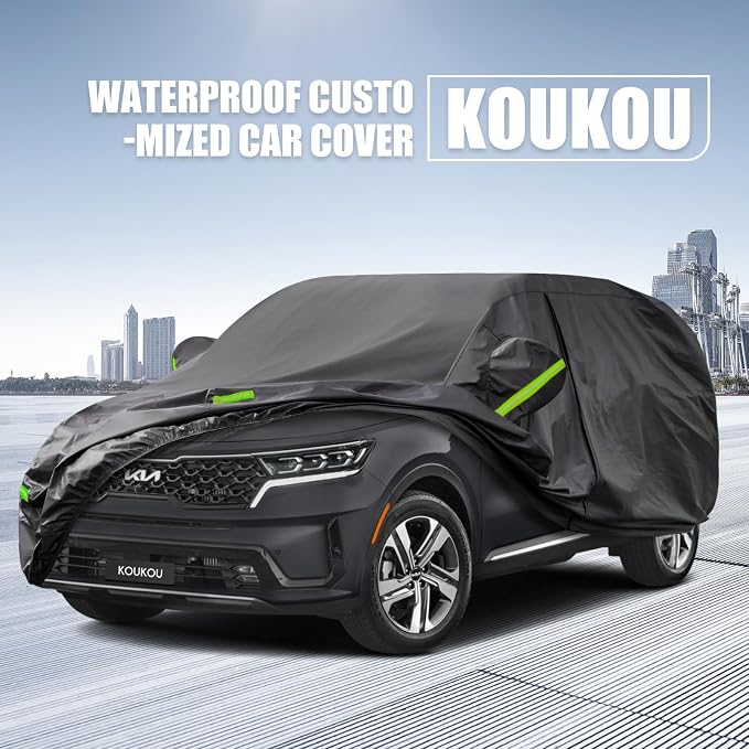 KouKou Waterproof SUV Car Cover Suitable for Kia Sorento from 2002 to 2025, 7 Layers Windproof All Weather Waterproof Outdoor Cover Sun Rain UV Dust Snow Protection. Black