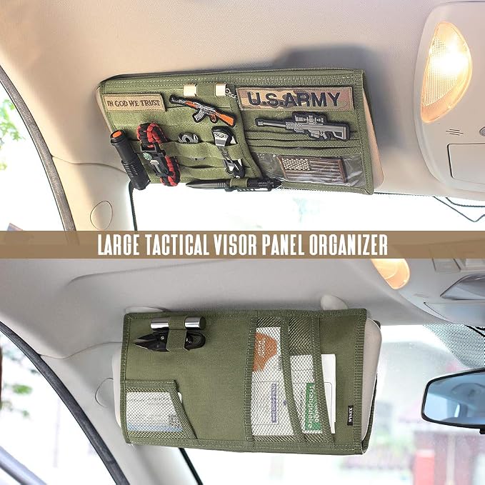 WYNEX Car Visor Organizer 2-Sided MOLLE Panel, for Car Trucks Pickup Vans | Fold:M-13.8x7", 3 Hoop-N-Loop Strap, Auto Sun Visor Storage Pouch, for Car Gadget, Daily Driving Road Trip