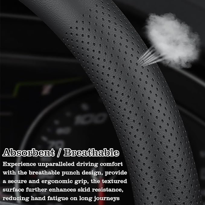 Premium Nappa Leather Steering Wheel Cover, Universal, Comfort Grip, Anti-Slip Breathable, Compatible with 14.5-15 in Steering Wheel Protector, Black