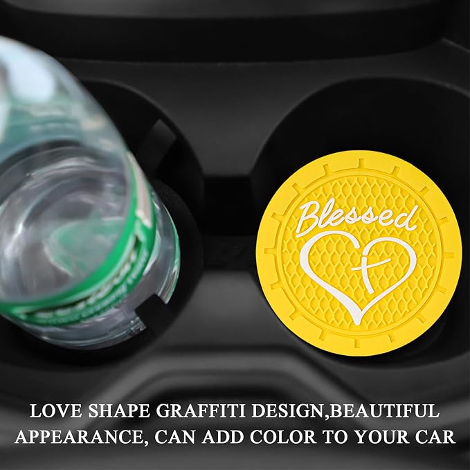KVAEY 2 PCS Car Cup Holder Coasters, 2.76 Inch Anti Slip Vehicle Drink Mats with Cute Blessed Cross and Heart, Shockproof, Universal Car Accessories (Yellow, 2 PCS)