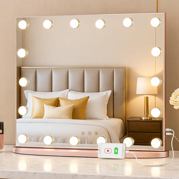 LUXFURNI Vanity Mirror with Lights, 23.6" Hollywood Makeup Mirror Rose Gold | 18 Surround LED Bulbs, 360° Shadow-Free Lighting, 3 Color Modes, USB Charging, Tabletop & Wall Mount for Bedroom Dorm Desk