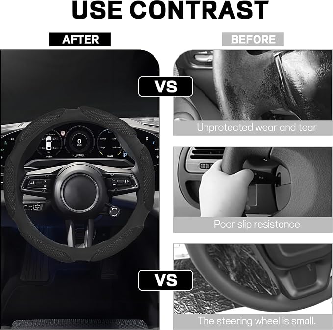 Wuyaoyao Car Steering Wheel Cover, 15 Inch PU Leather Anti-Slip Steering Wheel Covers Protector with Soft Hand Pad Cushion, Breathable & Comfortable, Universal Interior Car Accessories (Black)