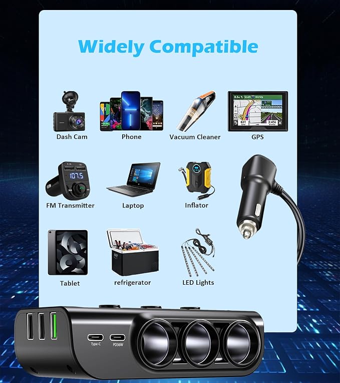 LIHAN 120W Car Splitter, 3 Cigarette Sockets Adapter, 5 USB, PD36W 8-in-1 | Power dashcam, GPS and more with 3 outlets, 5 USB ports, PD36W USB-C fast charging 3.3FT cord ,voltage monitor for RVs,Cars