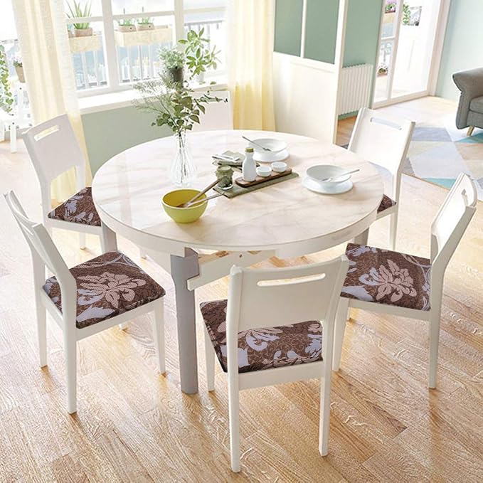 SearchI Seat Covers for Dining Room Chairs Stretch Printed Chair Seat Covers Set of 6, Removable Washable Upholstered Chair Seat Protector Cushion Slipcovers for Kitchen, Office(Brown+Flower)