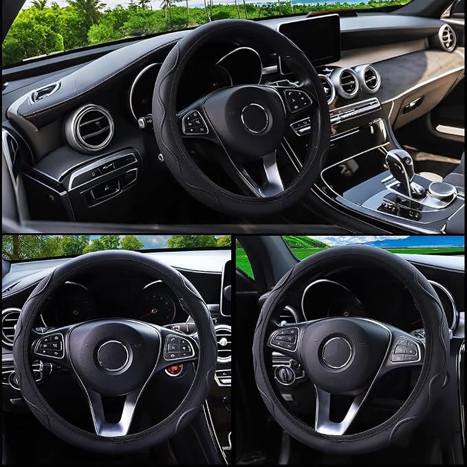 Elastic Steering Wheel Cover Black Leather Universal 14-15 inch | Car Steering Wheel Covers Stretch Microfiber Breathable Anti-Slip Durable Without Inner Ring Steering Wheel Accessories